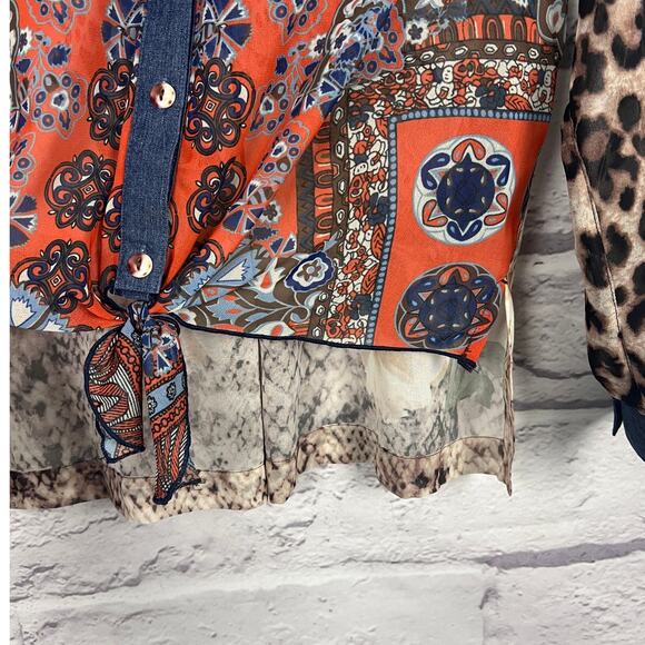 John Mark Womens S Maximalist Artsy Boho Western Distressed Button Down Shirt - Picture 6 of 12